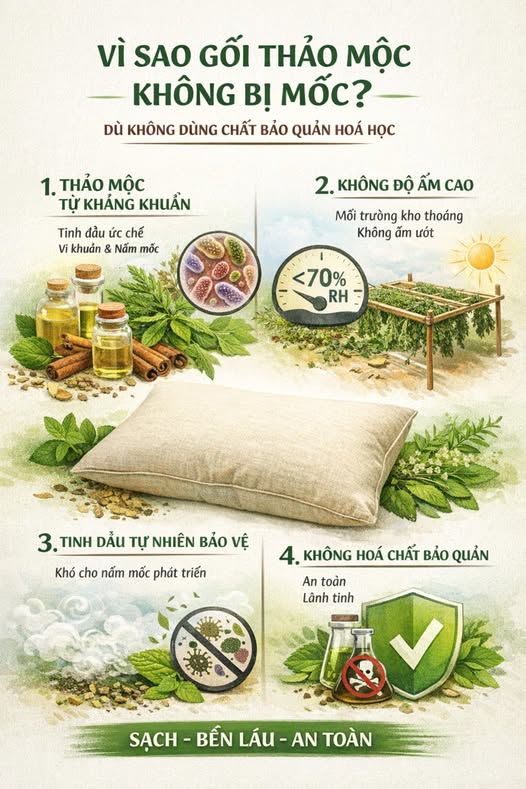  VÌ SAO GỐI THẢO MỘC KHÔNG BỊ MỐC DÙ KHÔNG DÙNG CHẤT BẢO QUẢN HOÁ HỌC?